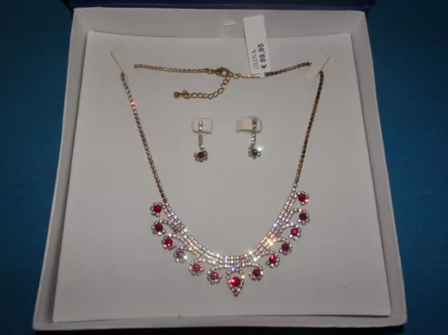 2Tlg. Schmuck Set, Strass, rot-weiß, Collier + Ohrringe - neuw.!
