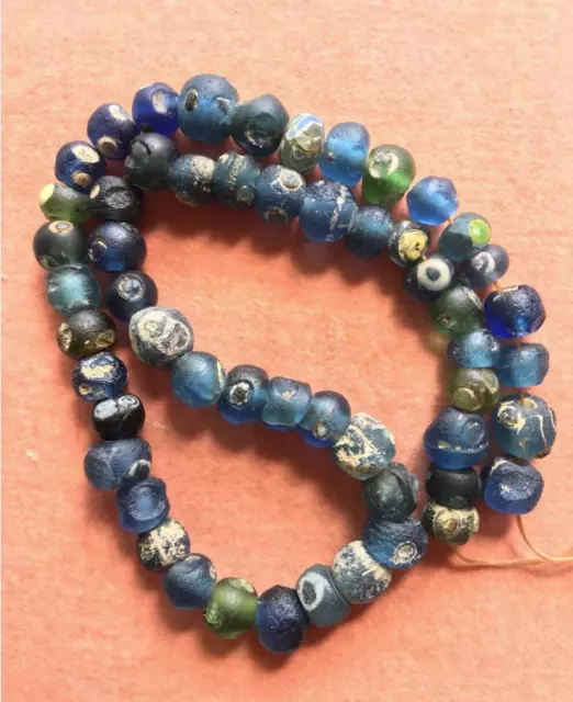 (B) Strand Rare Ancient Excavated Glass Eye Beads Blue Green