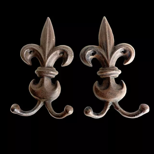 Lot 2 Hooks VTG Fleur de Lis Cast Iron Wall Mount Hat Coat Towel Hanger 6.75"