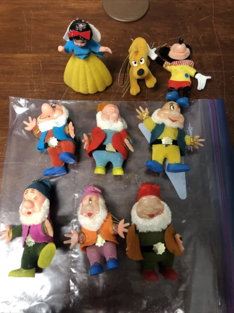 7 Vintage Sears Disney Snow White + Dwarfs Christmas Ornaments+ Mickey+ Pluto