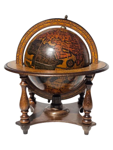 Vintage Old World Globe Zodiac Italian Wooden World Desk W/Stand Made in Italy