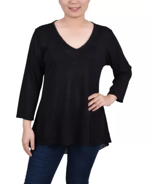 MSRP $44 Ny Collection Women Petite 3/4 Sleeve V-Neck Top Black Size PXL
