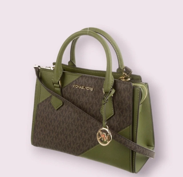 Michael Kors Hope Medium Messenger Satchel Bag Mk Signature Brown Green | New