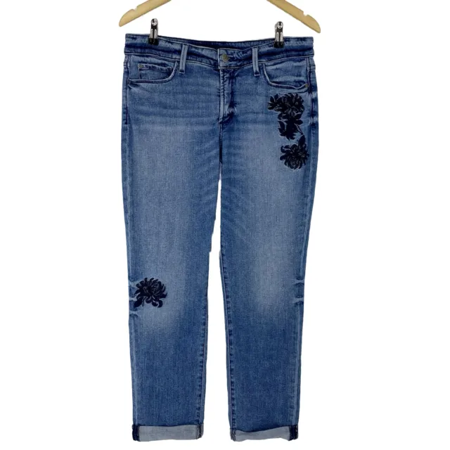 NYDJ Jessica Relaxed Boyfriend Cuffed Embroidered Denim Jeans Size 8 Light Wash