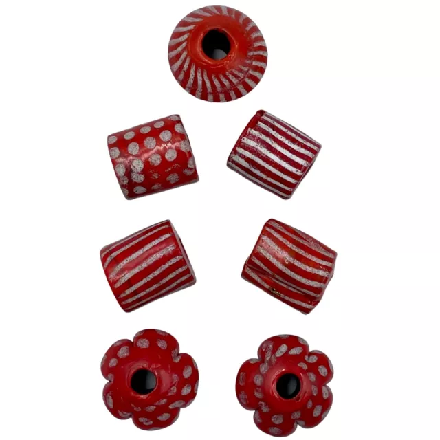 7 Vintage Large Hole Glass Beads Red White Handmade Macrame Jewelry Craft Art