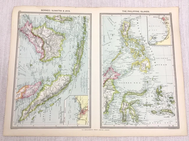 1909 Antique Map of Borneo Sumatra Java The Philippines Celebes George Philip