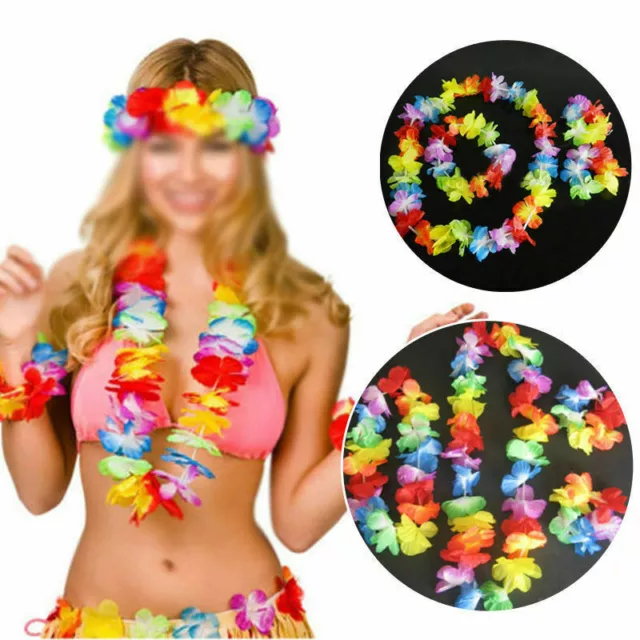 4 Pezzi Lei Hula Ghirlanda Fiore Testa Polsi Collana Hawaiano Set Lotto