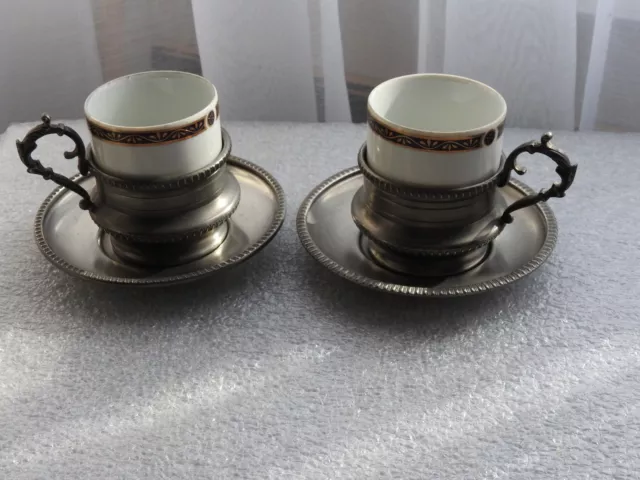 2 tasses à café moka LITRON en porcelaine Ancar étain PELTRO 95%soucoupe VINTAGE