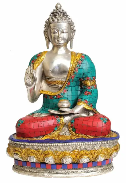 NEW Lord Buddha in Vitarka Mudra Brass Statue with Inlay 12.5 inch WO80D