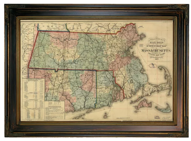 1879 Railroad & township map of Massachusetts Wood Framed Canvas Repro 12x18