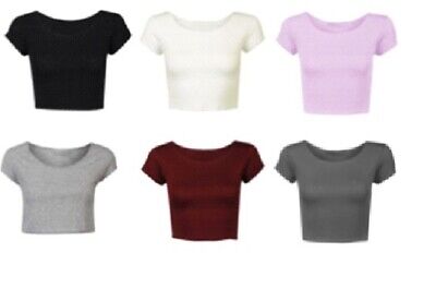 Ladies Short Sleeve Crop Top T-shirt Stretch Round neck UK Size 6 8 10 12 14 New