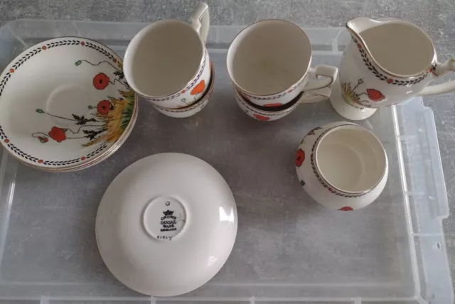 10 Piece Art Deco Crown Ducal Poppy Coffee Cups & Saucers Milk Jug & Sugar Bowl