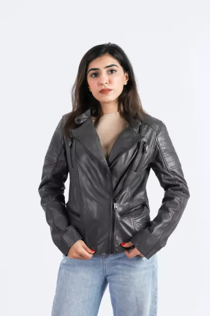 Femmes Brando Veste Style Motard Coureurs Véritable Peau D'Agneau Gris Cuir