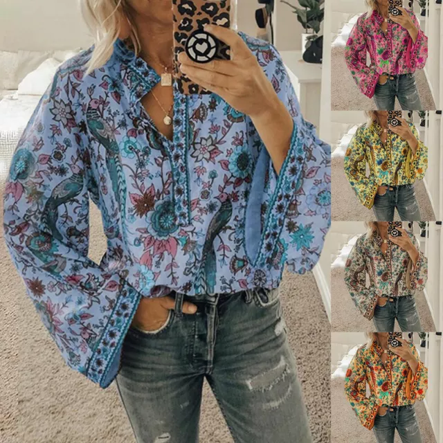 WOMEN FLORAL LONG Sleeve Tunic Tops Ladies Casual Loose Blouse T Shirt ...
