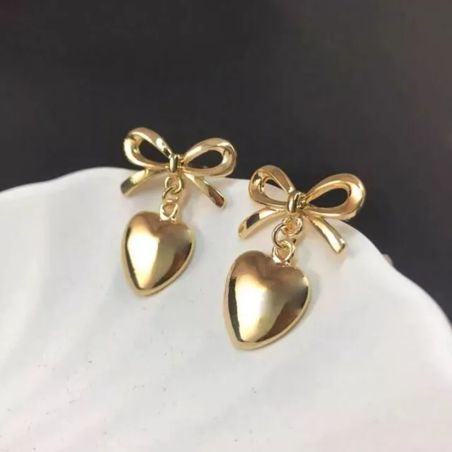 Fashionable 18K Yellow Gold Over Sweet Romantic Bowknot Heart Dangle Earrings 2
