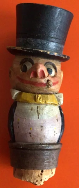 Antique Vintage Retro Carved Wooden Man Top Hat Bottle Stopper Cork Character