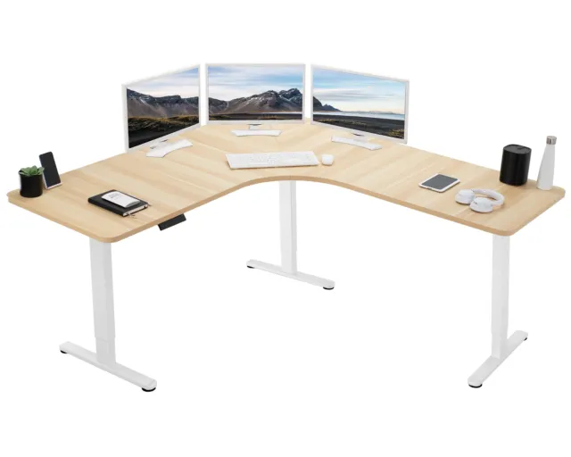 VIVO Light Wood / White Electric 71" x 71" Curved Corner Stand Up Desk