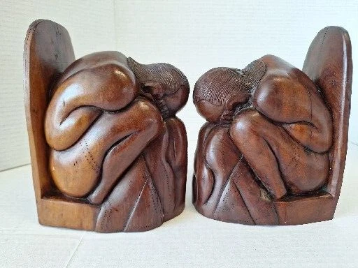 Vintage Wood Sculpture Thinker Book Ends Weeping Buddha Zen Yogi Monk Man Statue