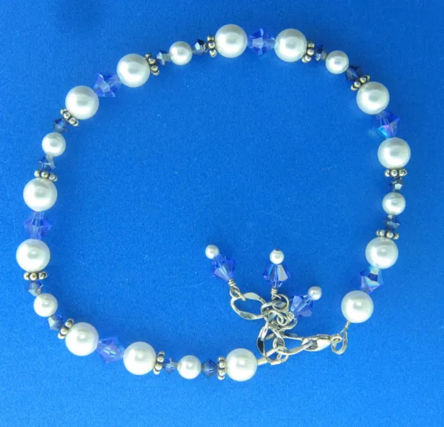 Sterling Silver Anklet Pearl Crystal 9.5-10.75"