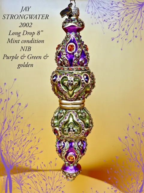 Jay Strongwater 2002 Long Golden Drop 8” NIB Glass Ornament Stunning Mint Con