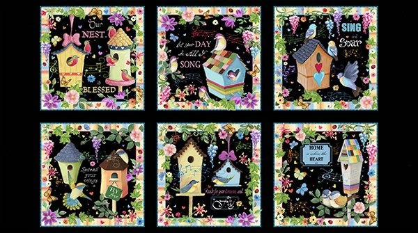 Birdhouse Birds Blessed Garden Flowers Cotton Fabric QT 24" Panel