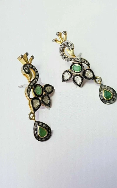 Emerald Gemstone Earring Polki Pave Diamond Peacock Design Earring 925 Silver