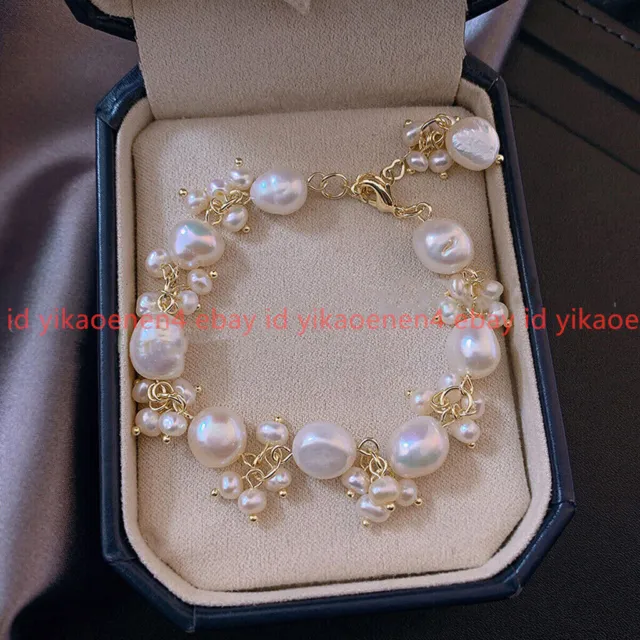 Genuine Natural 11-12mm White Freshwater Baroque Pearl Beads Bracelet 7-9''