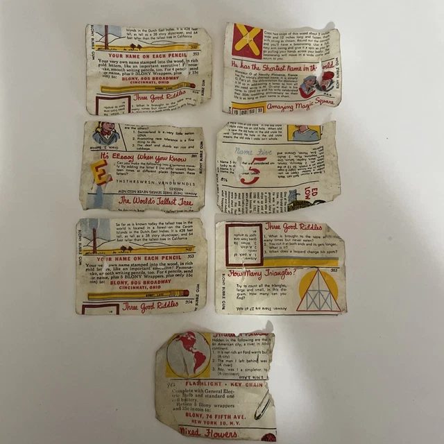 7 VINTAGE BLONY Bubble Gum Wrapper Advertising Riddles Facts 12.99