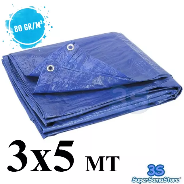 3S TELO BLU TELONE OCCHIELLATO 3x5 mt IMPERMEABILE COPERTURA AUTO MOTO 80 gr/m2