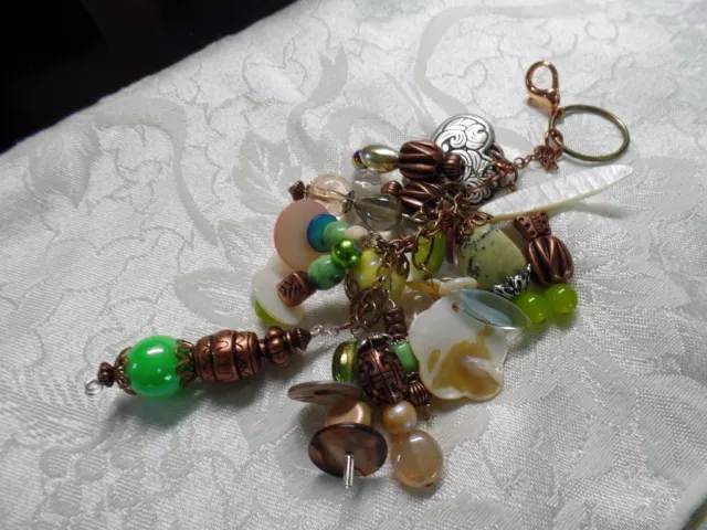 Copper-tone Green Shades Chunky Beaded Purse Dangle Handcrafted