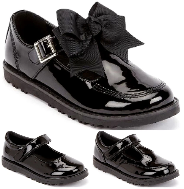 Kids Girls Flat Black Back To School Loafers Dolly T-Bar Bow Strap Buckle Shoes