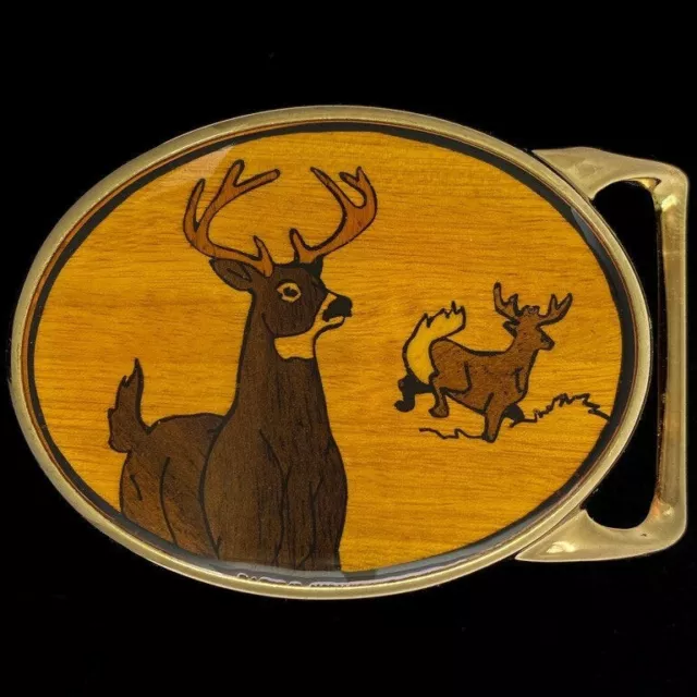 Wood White Tail Tailed Deer Buck Trophy Hunting Hunter NOS Vintage Belt Buckle