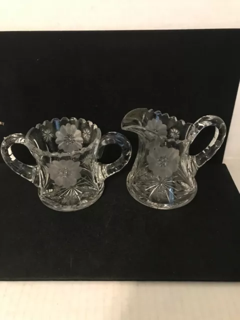 American Brillant Cut Glass Sugar Bowl And Creamer With Etched Flowers Starburst 2