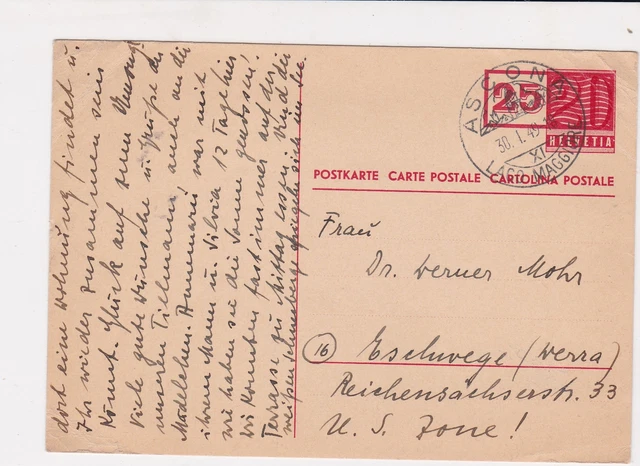 Switzerland 1949 Ascona Lago Maggiore cancel stamps card ref 21728
