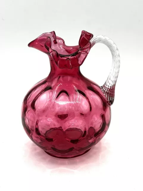 Fenton Thumbprint Cranberry Pitcher COIN DOT Ruffled Top CLEAR APPLIED HANDLE