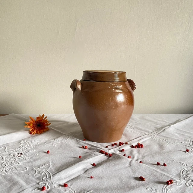 Pot Ancien En Terre Cuite émaillée Avec Anse Et Couvercle - Déco Vintage