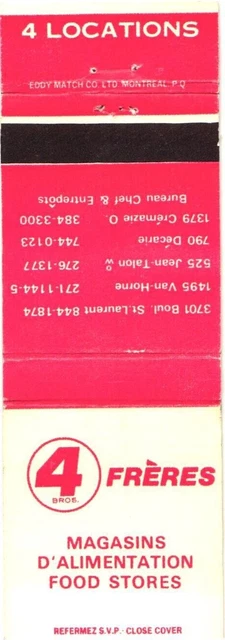 Montreal Quebec Canada 4 Freres Stores Power Food Stores Vintage Matchbook Cover