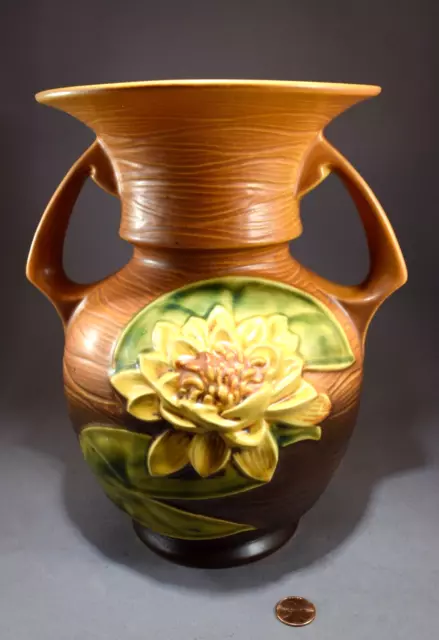 Original Roseville 9 1/4" Water Lily & Leaves # 79-9 Two Handled Vase Circa 1943