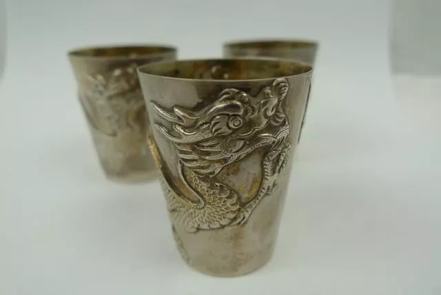 3 Antique 1890 Woshing Chinese export sterling silver dragon beaker cup Shanghai