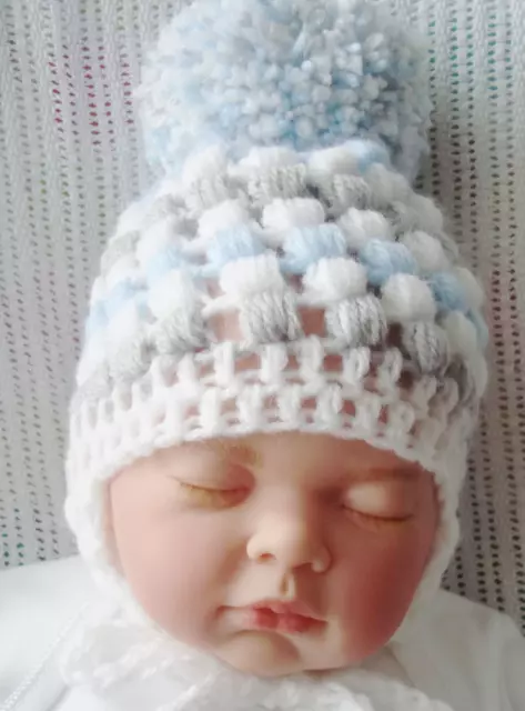 baby boy crochet hat white blue silver grey pom pom under chin ties handmade