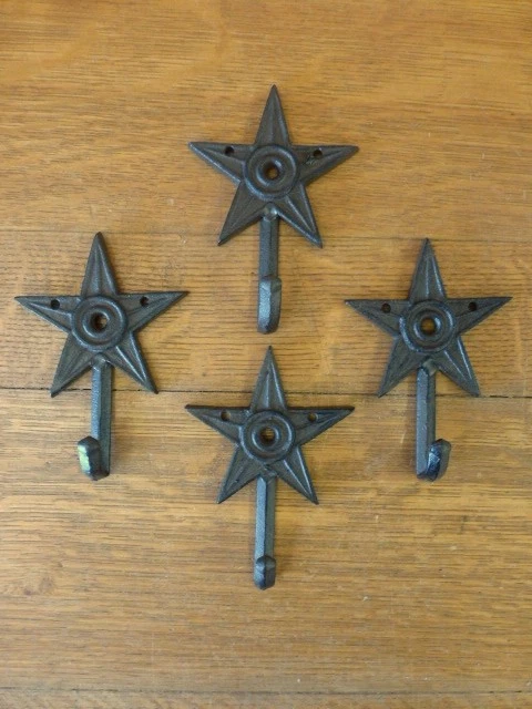 4 SMALL 6" BROWN STAR WALL HOOKS ANTIQUE-STYLE CAST IRON western rustic hat coat