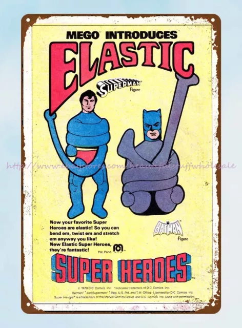 juguete retro Elastic Super Heros, 1980 letrero de estaño de metal