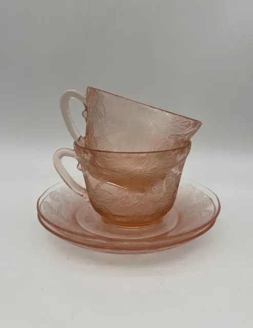 Macbeth Evans 'Dogwood' Pink Depression Glass Cup / Saucer Set Of 2 USA Teacup