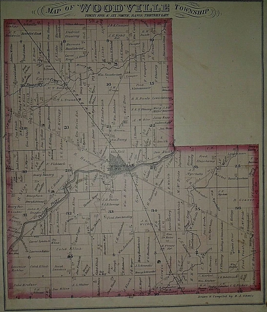 VINTAGE 1874 RAILROAD & Land Owner Plat Map WOODVILLE Twp. SANDUSKY