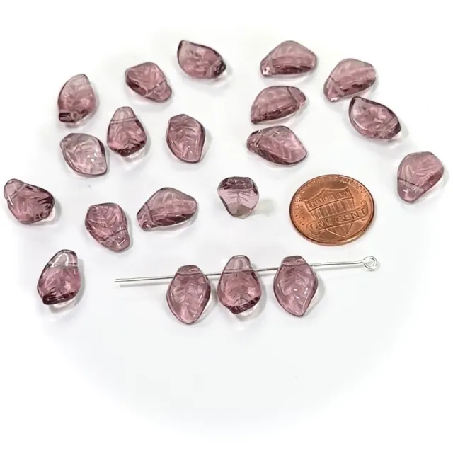 Czech Druk Glass Beads, Small Wavy Leaf Top Hole, 15x10mm, Amethyst purple 20pcs