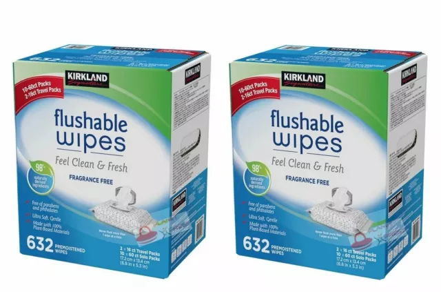 Kirkland Signature Moist Flushable Wipes 2 x 632 Wipes Brand New