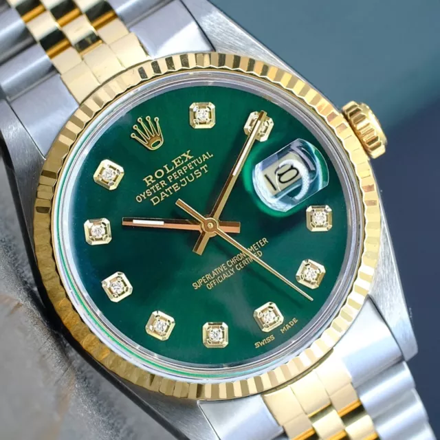 Mens Rolex Datejust Watch 18Ky Gold & Steel Green Dial Fluted Bezel 36Mm 16233 Mens Rolex Datejust Watch 18Ky Gold & Steel Green Dial Fluted Bezel 36Mm 16233