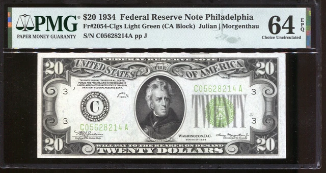 1934 $20 Federal Reserve Note Philadelphia LGS Light Green PMG 64EPQ #C05628214A