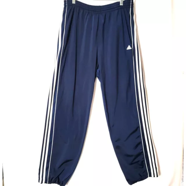 ADIDAS TRACK PANTS Mens Size Large Navy Blue 3 Stripes Joggers Cinch ...