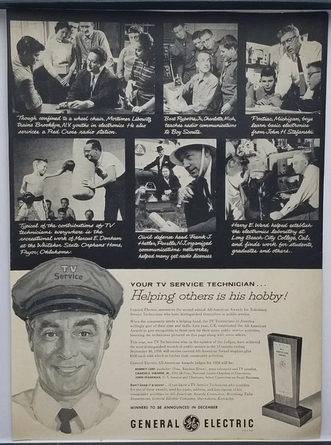 1958 GE General Electric 2nd Awards For Television Service Technician Print Ad